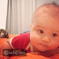 قطة مزعجة تفسد صورة طفل رضيع